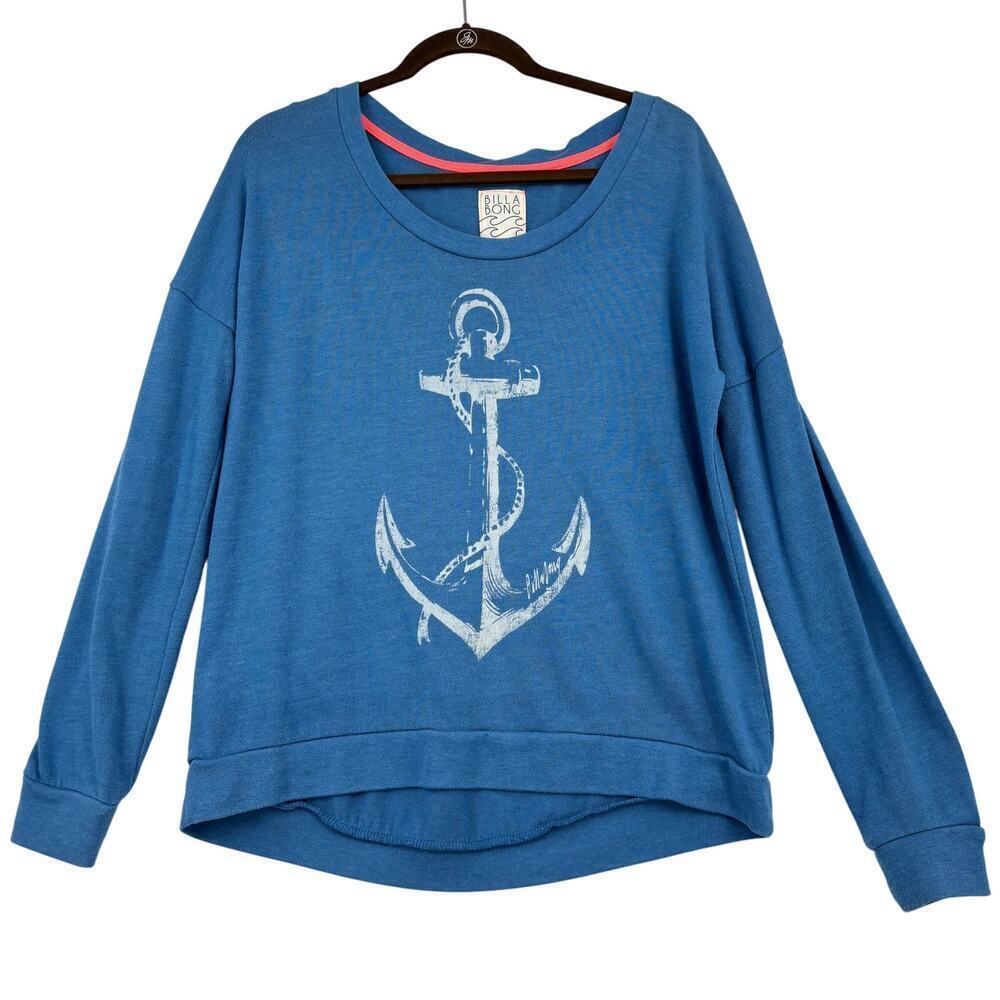 Billabong‎ Sweatshirt Womens Size L Blue Sea Me Dreaming Anchor Print Stretch